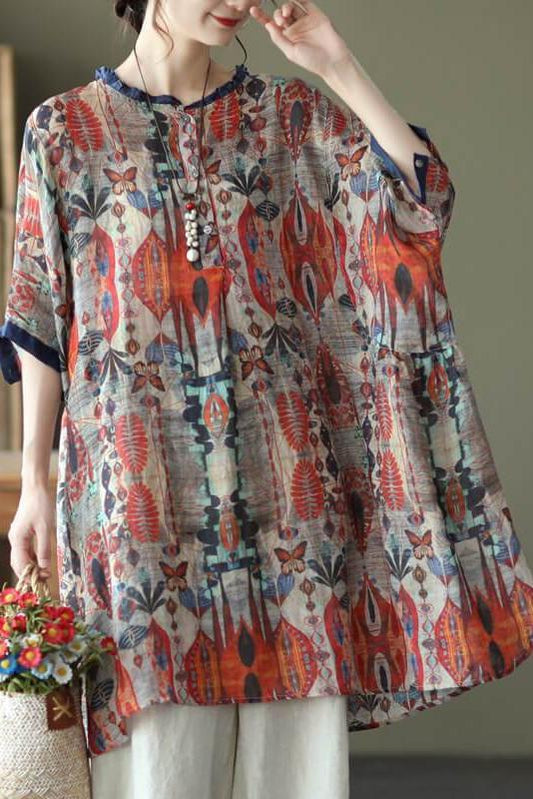 Ramie Print O-neck Loose Shirt