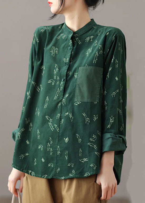Green Stand Collar Print Patchwork Corduroy Blouses Spring