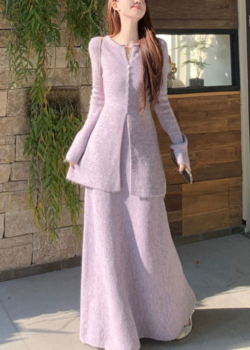 Purple Button Front Open Knit Two Piece Set Flare Sleeve