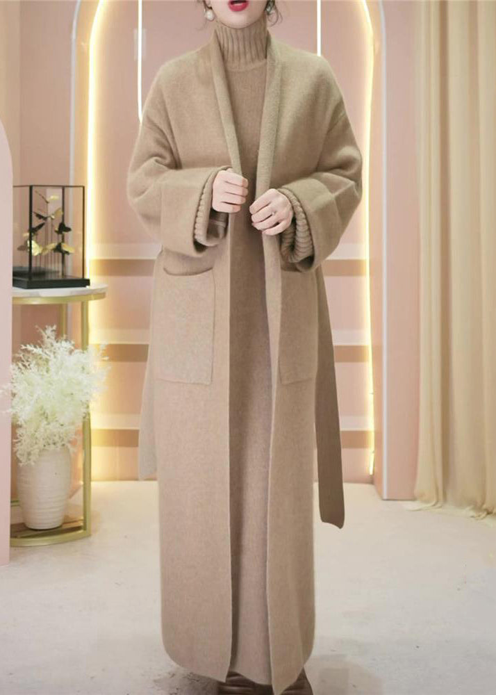 Loose Camel Pockets Woolen Cardigan and Turtleneck Knit Dress Two Piece Set Winter