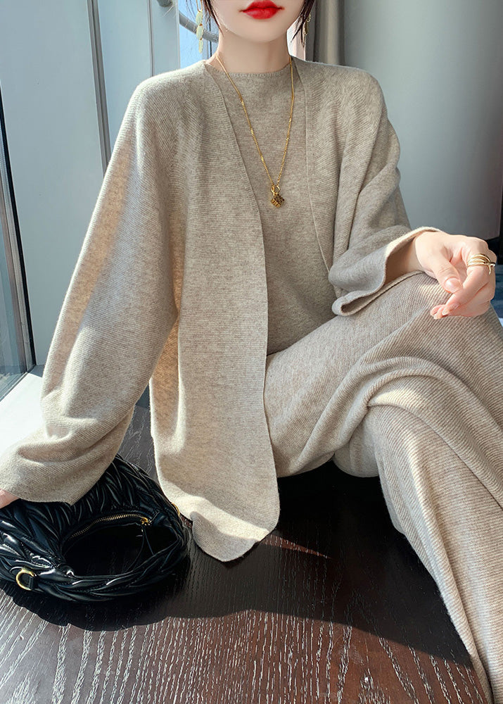 Natural Light Camel V Neck Woolen Cardigan Waistcoat and Wide Leg Pants Three Piece Set Fall