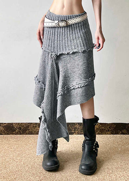 Grey Asymmetrical Design Ruffled Knit Skirts Spring