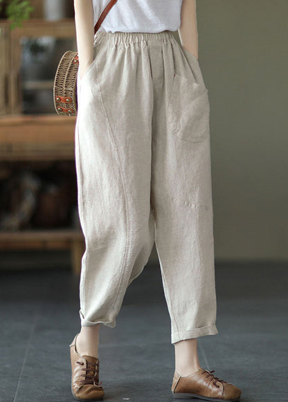 Linen Colour Linen Crop Pants High Waist Patchwork Summer