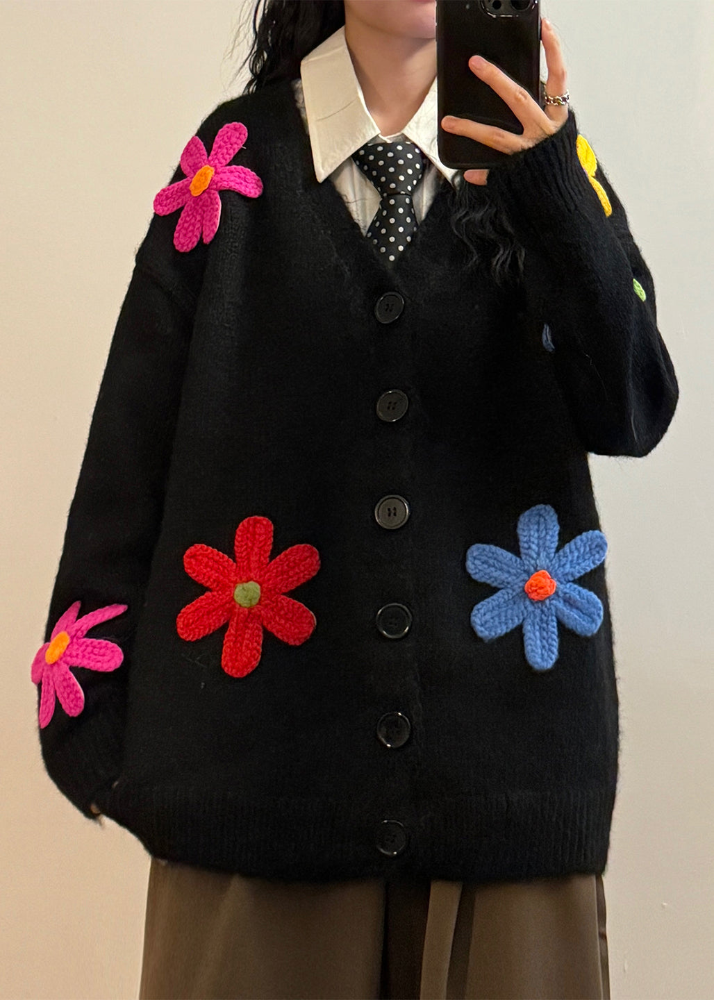 Loose Black V Neck Button Knit Coats Spring