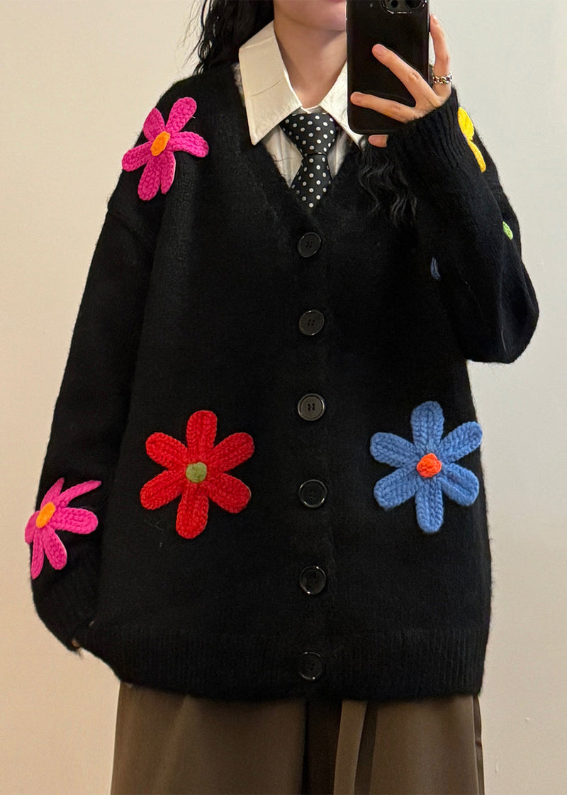 Loose Black V Neck Button Knit Coats Spring