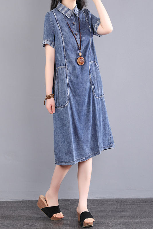 - Summer Blue Short Sleeve Long Denim Dress