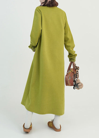 Green O Neck Long Cotton Straight Dress Fall