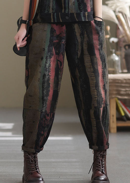 Boutique Black Print Patchwork Denim Harem Pants Spring
