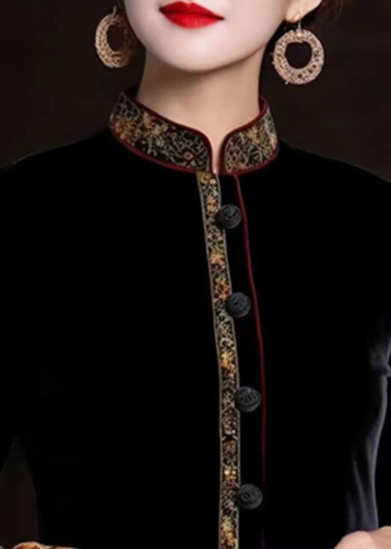 Black Embroidered Button Silk Coats Long Sleeve