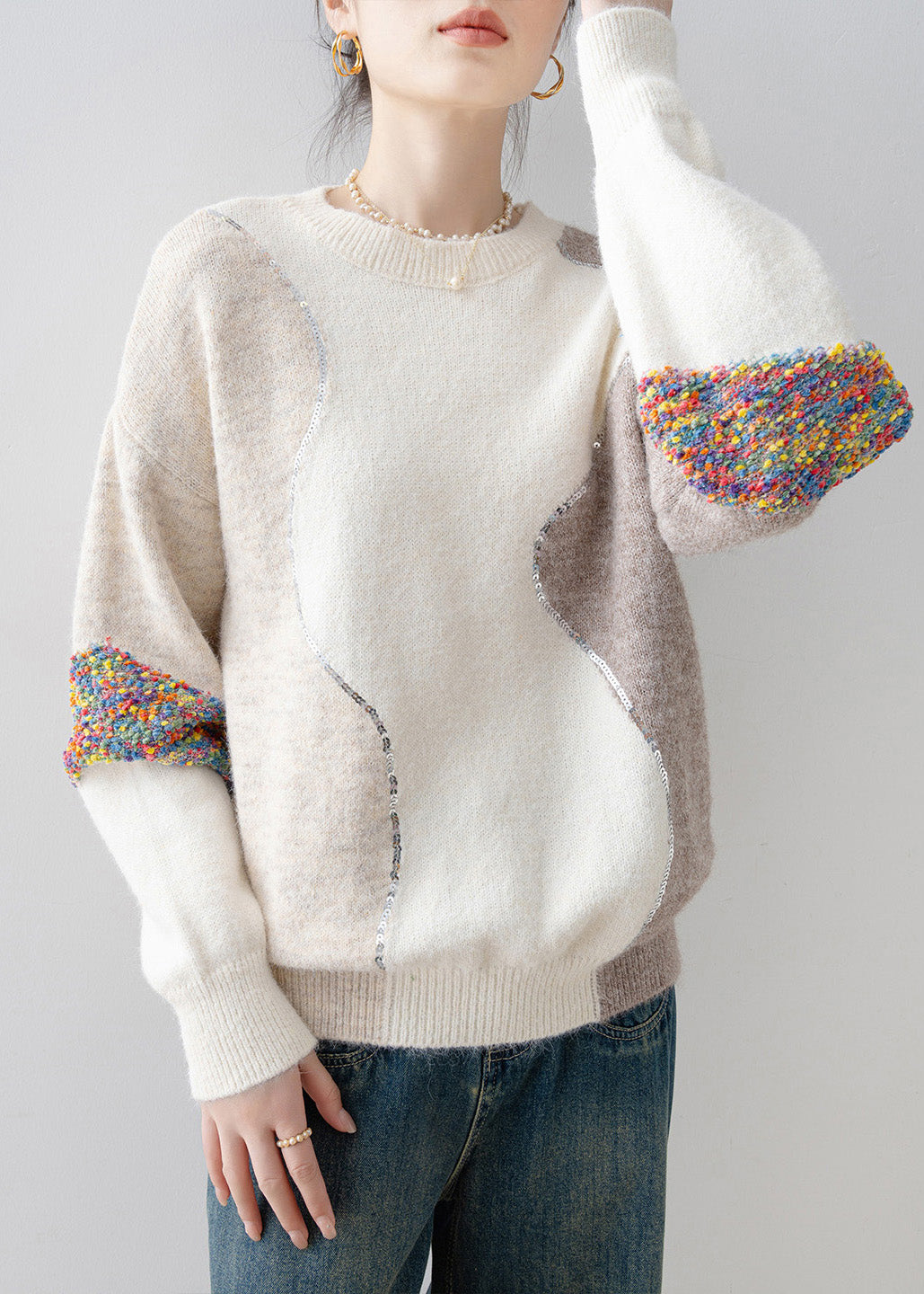 White O Neck Sequins Patchwork Knit Sweaters Spring
