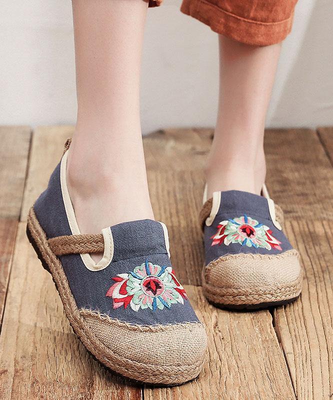 Grey Embroidered Flats Cotton Linen Fabric Boutique Flat Feet Shoes