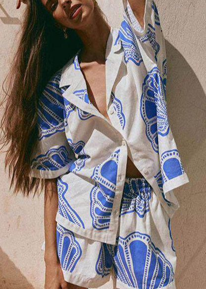 Blue Notched Print Shirts and Shorts Pajama Set