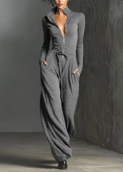 Modern Blue Zip Up Lace Up Patchwork Cotton Jumpsuit Fall