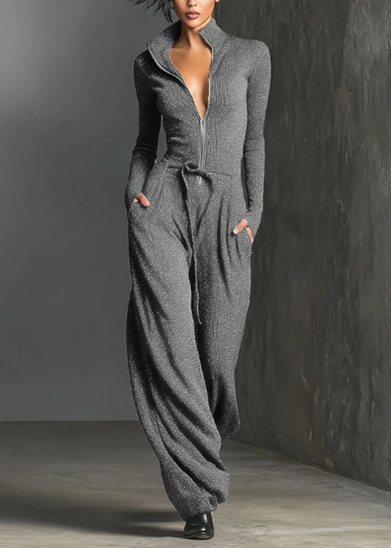 Modern Blue Zip Up Lace Up Patchwork Cotton Jumpsuit Fall