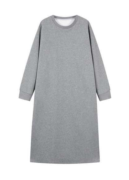 Grey O Neck Loose Cotton Straight Dresses Fall