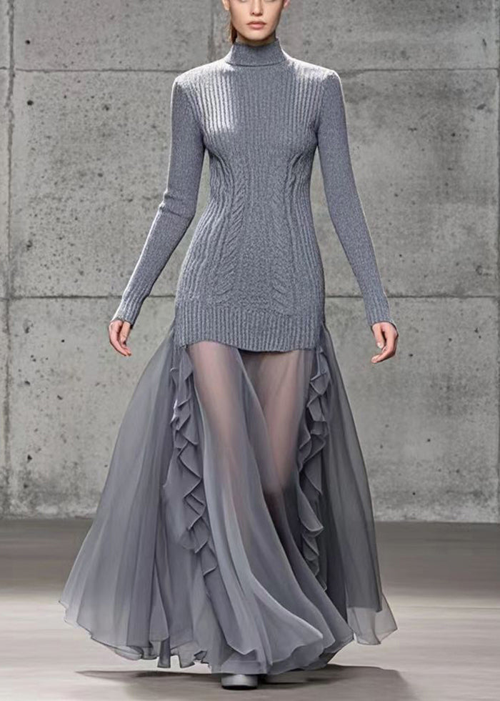Grey Ruffled Patchwork Tulle Knit Dress Winter