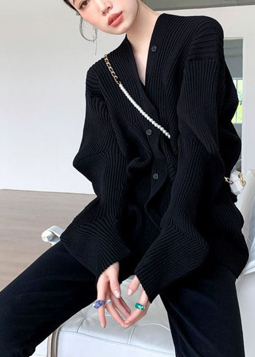 Fitted Black V Neck Button Asymmetrical Design Fall Sweater Coat