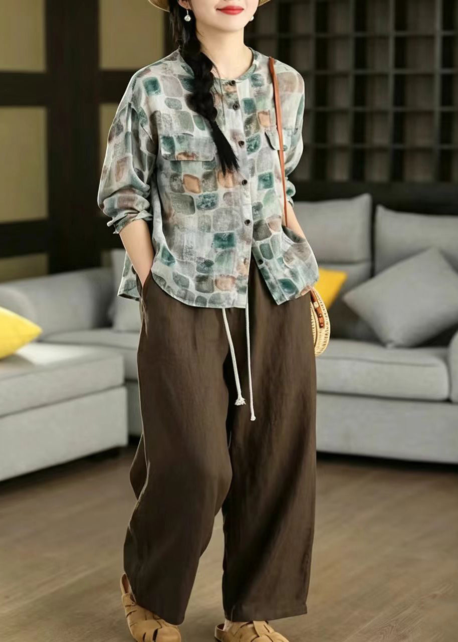 Blue Oversized Print Linen Shirts Spring