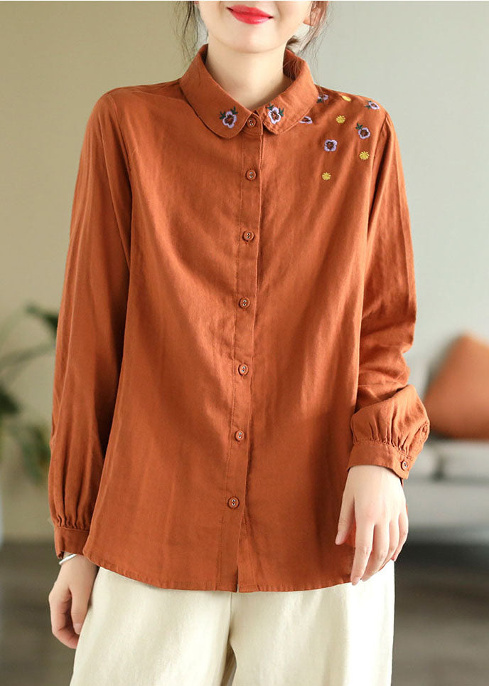 Diy Orange Turn-down Collar Embroidered Cotton Shirts Spring