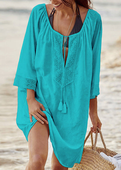 Natural Peacock Blue O Neck Patchwork Cotton Mid Dress Summer