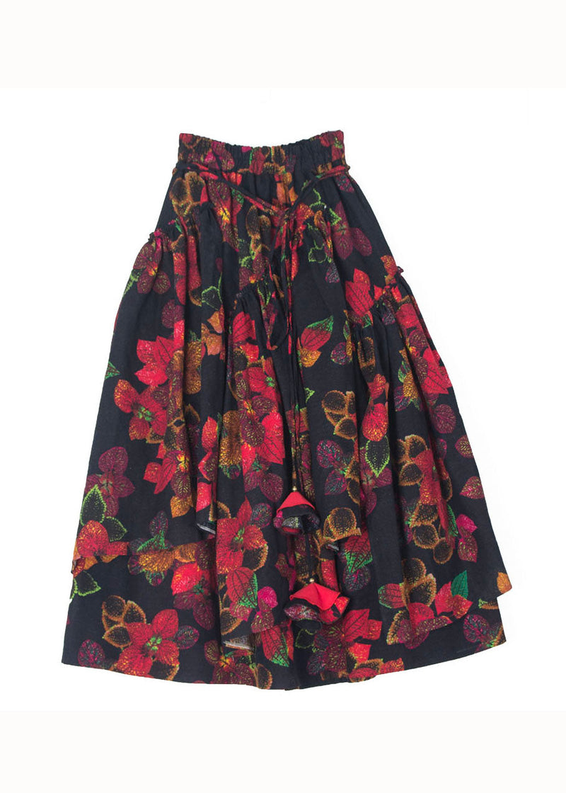 Wrinkled Asymmetrical Print Patchwork Cotton Skirt Fall