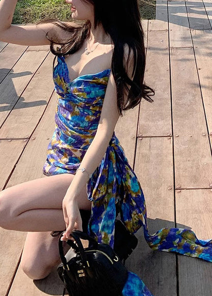 Blue Printed Bow Ribbon Party Dress Sleeveless