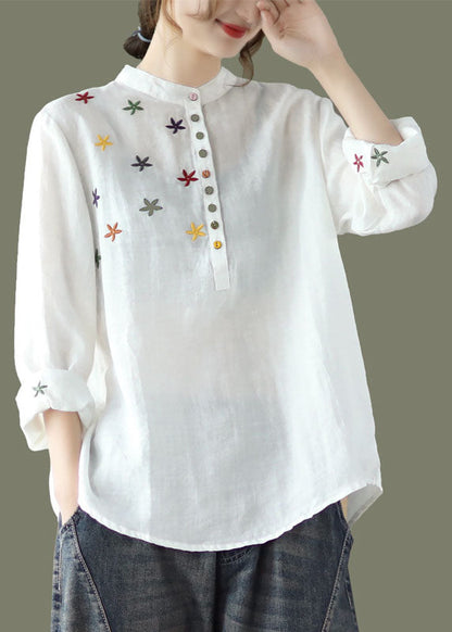 White Stand Collar Embroidered Linen Shirt Spring