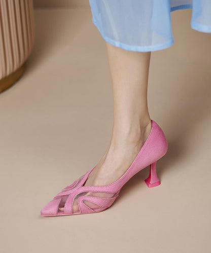 Pink Suede High Heels Pointed Toe Splicing Tulle