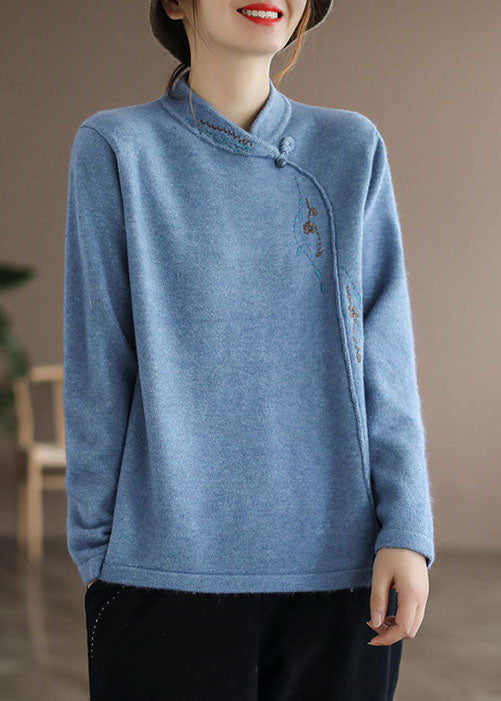 Blue Stand Collar Embroidered Thick Knitted Sweater Long Sleeve
