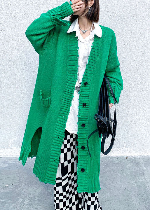 Green Hole Side Open Button Fall Knit Long Sleeve Cardigan
