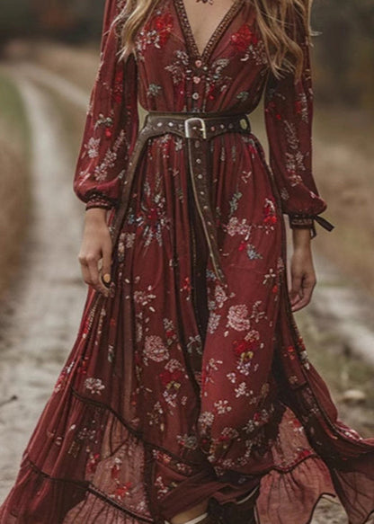 Mulberry V Neck Print Chiffon Long Dress Fall