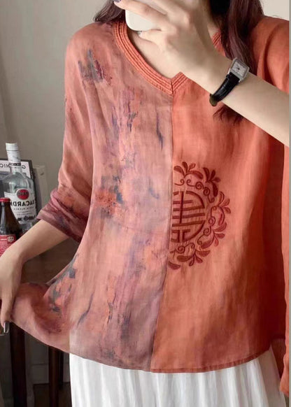 Orange V Neck Embroidered Print Patchwork Linen Shirt Tops Summer