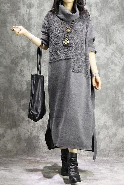 Loose High Neck Cotton Linen Maxi Dresses for
