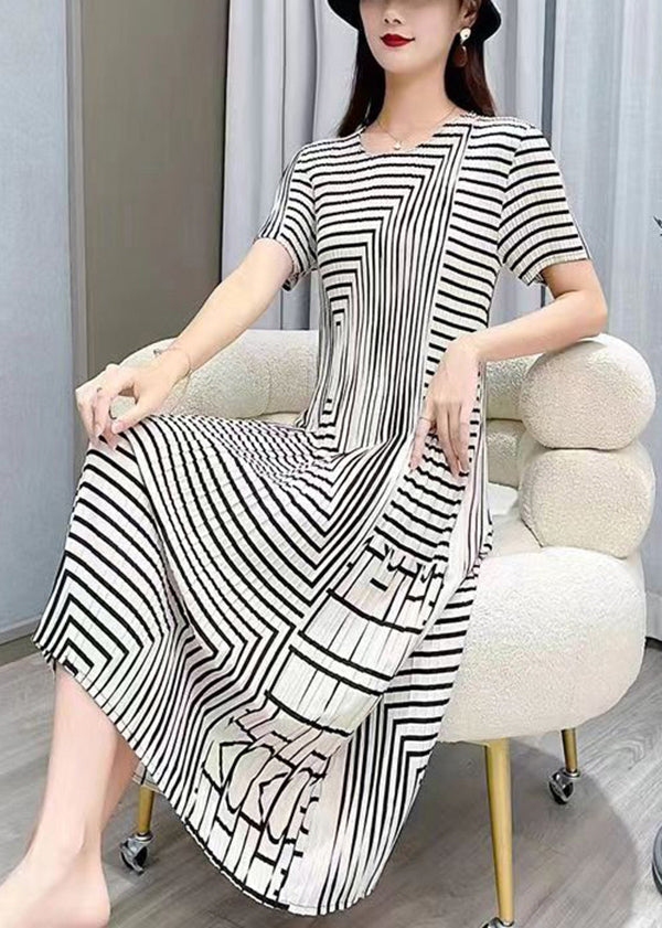 White O Neck Striped Wrinkled Silk Dresses Summer