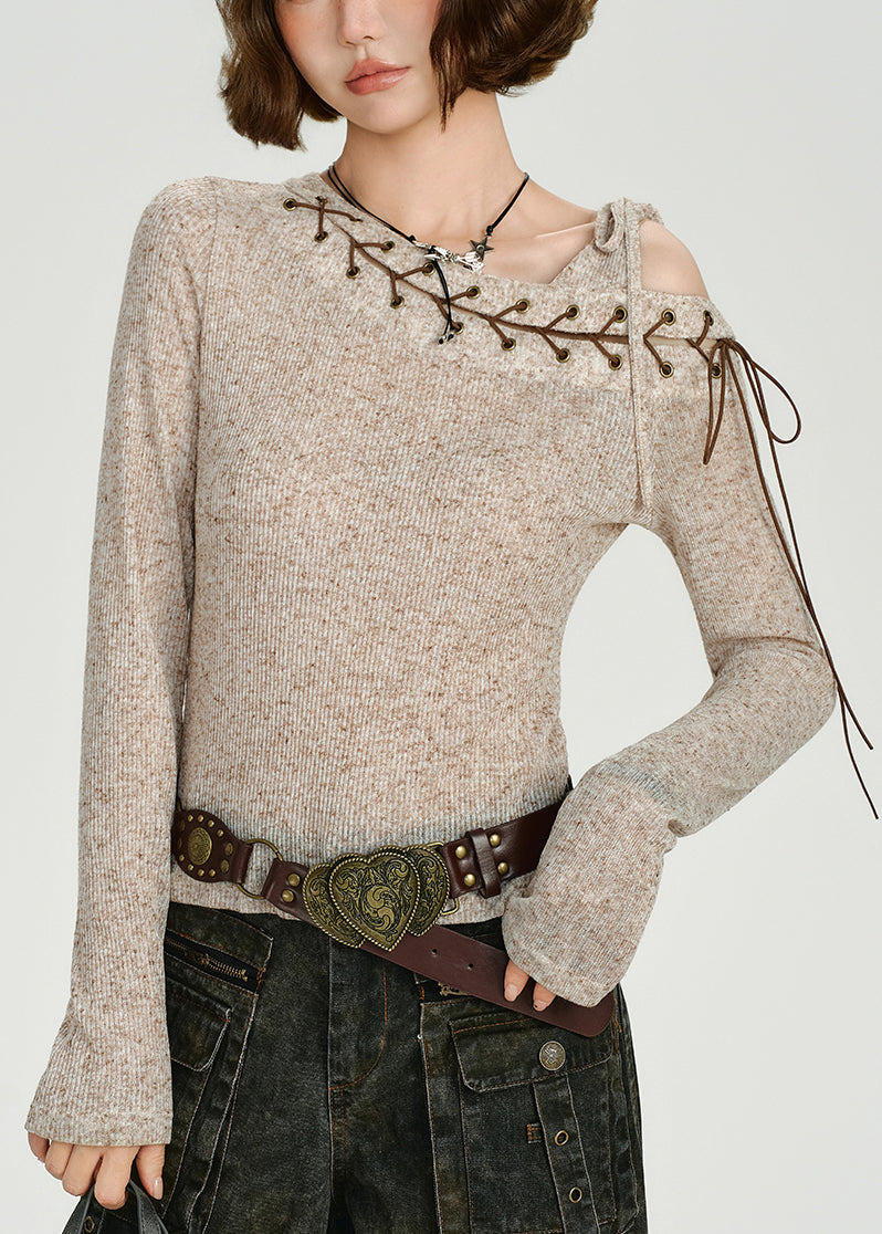 Diy Beige One Shoulder Cross Strap Knit Tops Spring