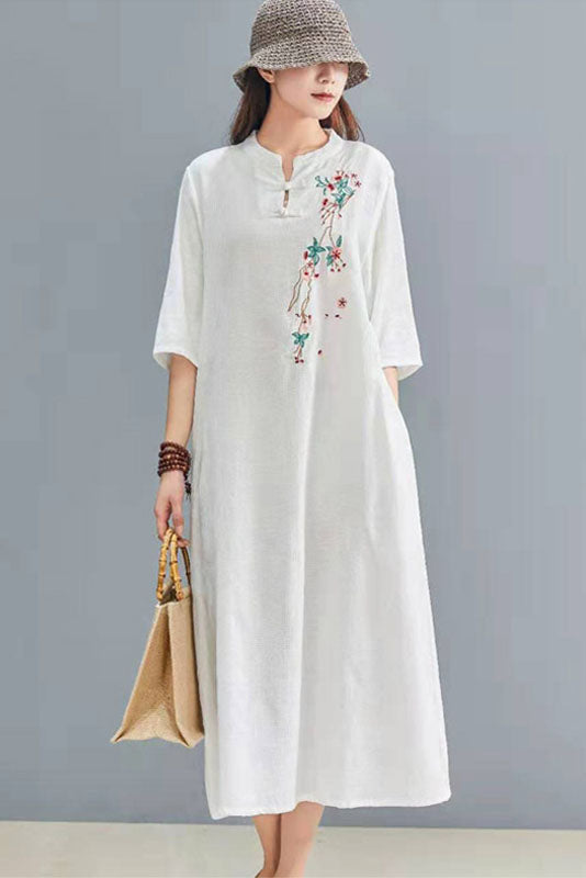 -summer Cotton Linen Embroidered Dress Button Loose Dress