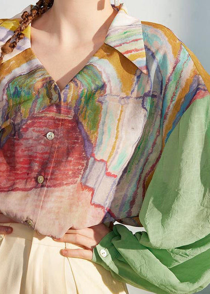 Loose Green Print Patchwork Chiffon Shirt Long Sleeve