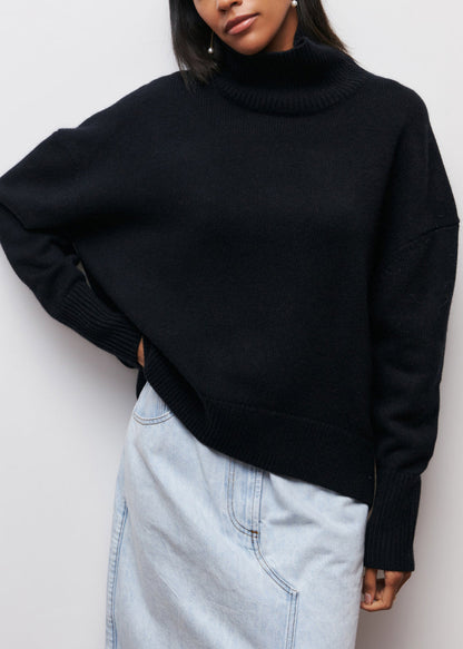 American Style Black Hign Neck Loose Knit Sweaters Spring
