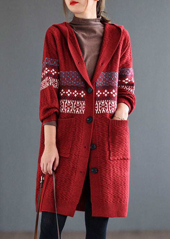 Red Pocket Print Knitted Coats Cardigans Hooded Long Sleeve