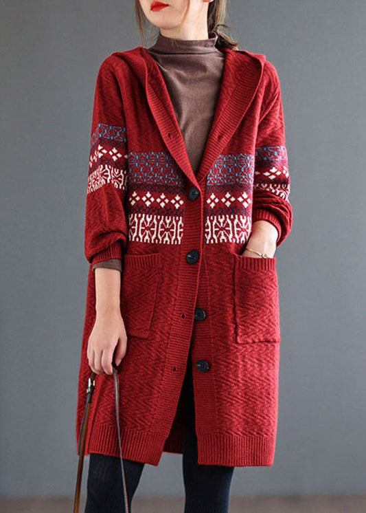 Red Pocket Print Knitted Coats Cardigans Hooded Long Sleeve