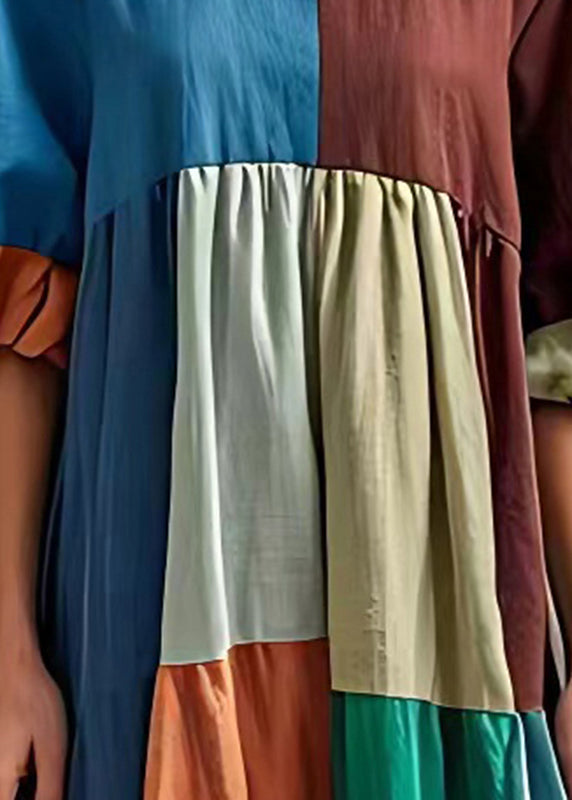 Style Colorblock Puff Sleeve Cotton Long Dress