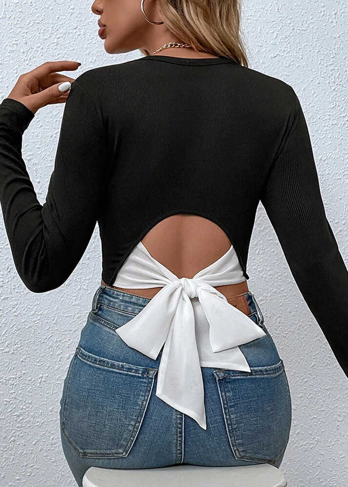 Black Backless Bow Cotton Tops Spring