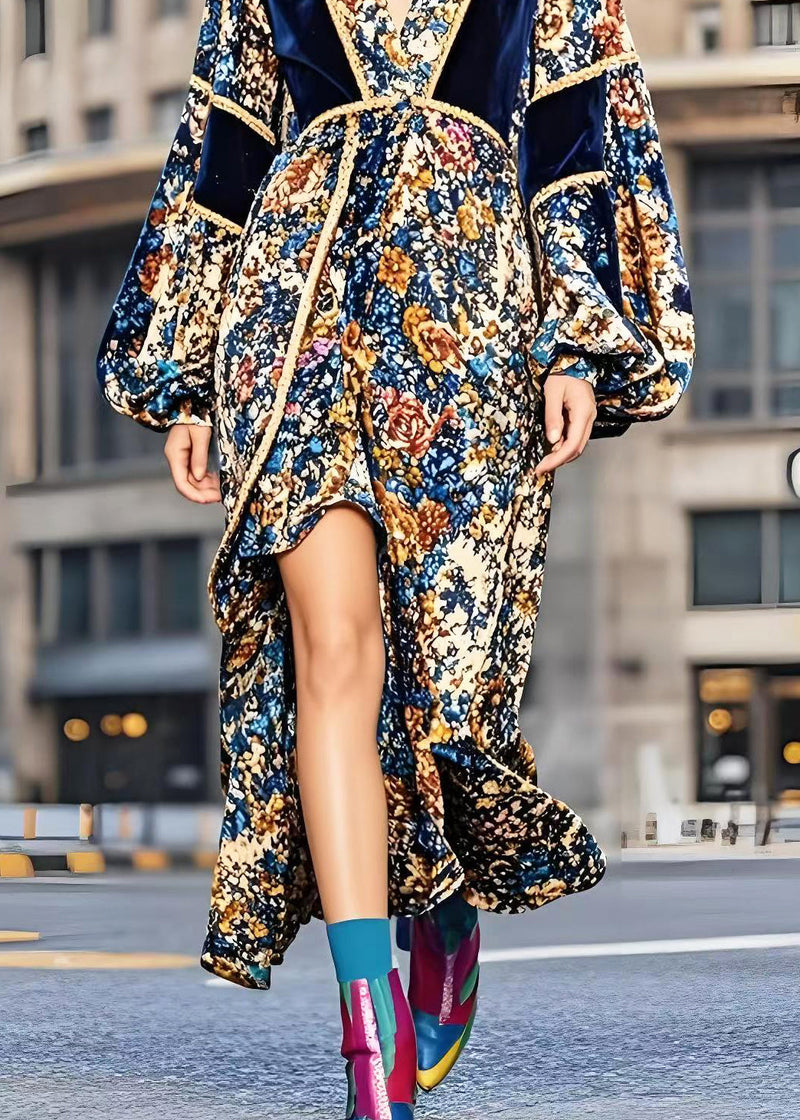 Patchwork Low High Design Silk Velvet Vestidos Dress Lantern Sleeve