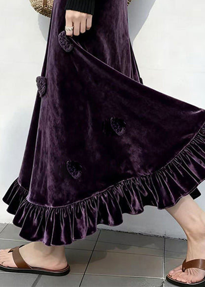 Slim Fit Purple Ruffled High Waist Silk Velvet Skirt Winter
