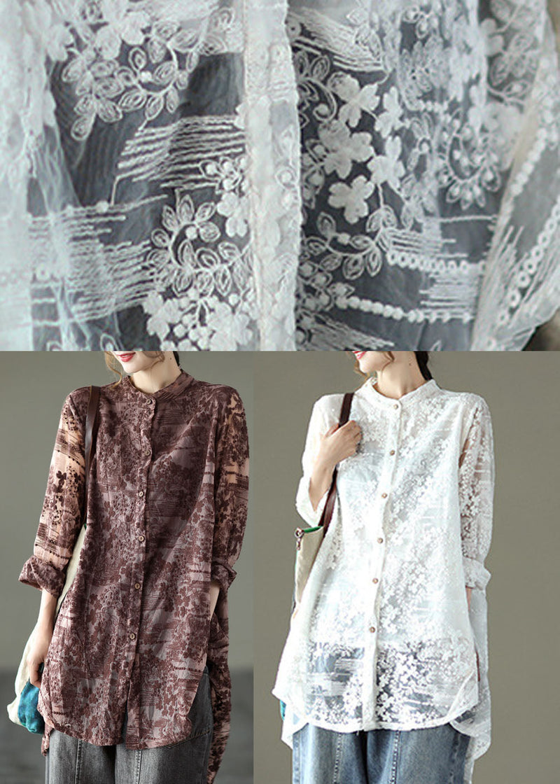 Loose White Hollow Out Lace Upf 50+ Shirts Long Sleeve