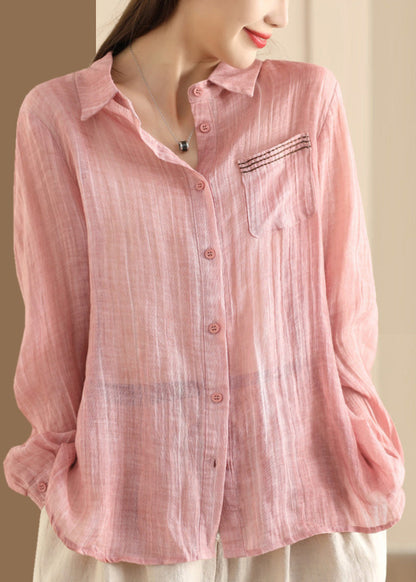 Yellow Peter Pan Collar Button Linen Blouses Long Sleeve