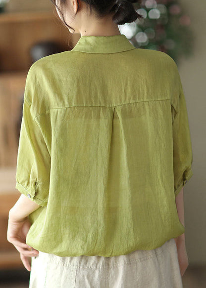 Green Peter Pan Collar Drawstring Button Linen Shirt Top Short Sleeve
