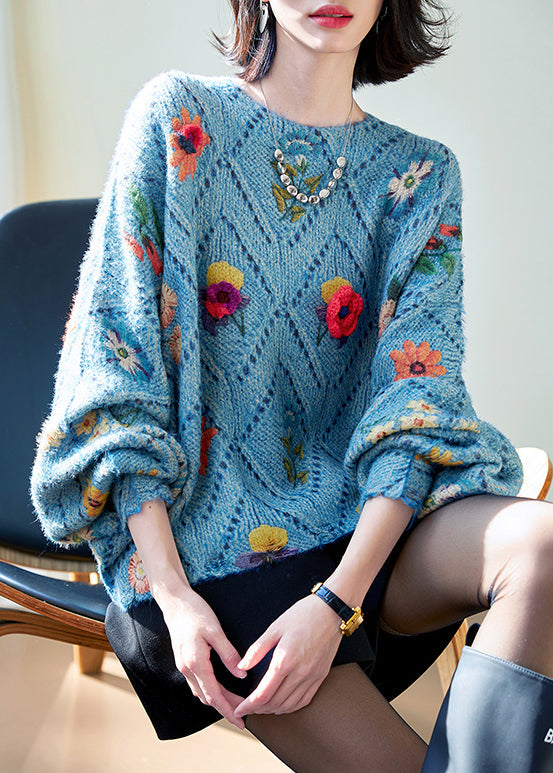 Blue O-neck Hollow Out Knit Sweaters Fall