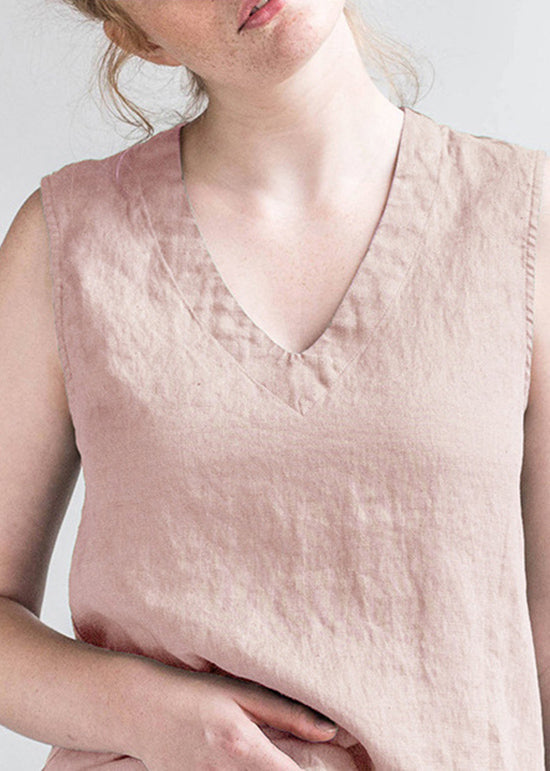White V Neck Simple Linen Tank Top Sleeveless