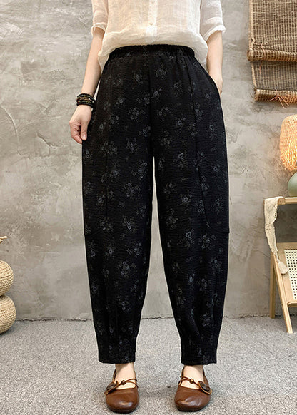 Black Print Elastic Waist Cotton Crop Pants Summer